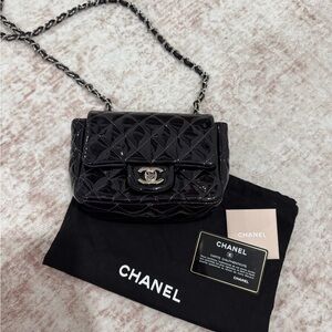 CHANEL Navy Blue Patent Quilted Mini Flap Crossbody with Silver Chain